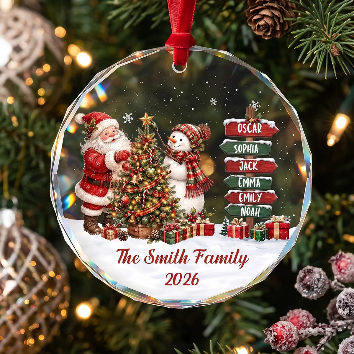 Personalized Family Names Christmas Ornament - Custom Santa and Snowman Glass Keepsake Gift for Family