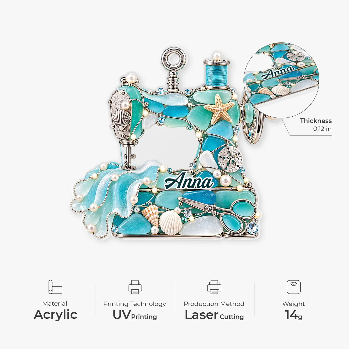 Sea Glass Sewing Machine Personalized Acrylic Ornament - Christmas Keepsake Gift for Quilters