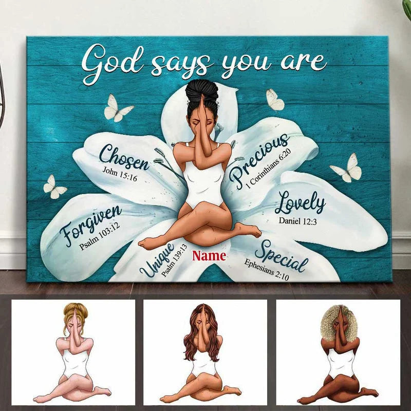"God Says You Are" Personalized Scripture Canvas / Poster - Custom Faith Wall Art Gift for Women