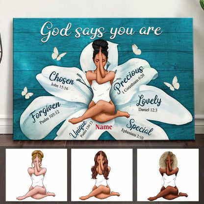 "God Says You Are" Personalized Scripture Canvas / Poster - Custom Faith Wall Art Gift for Women