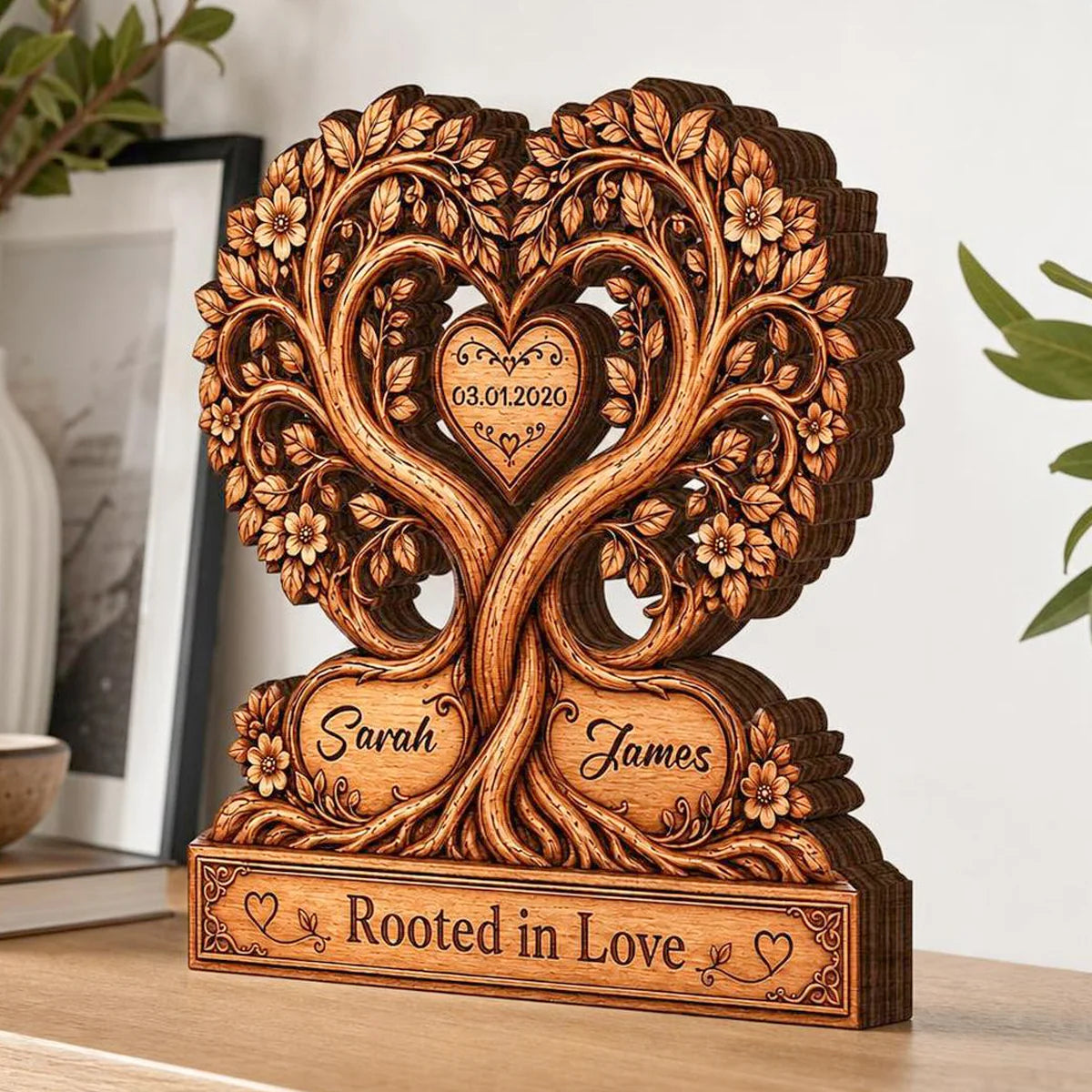 Rooted In Love Heart Tree Personalized Couple Wooden Block - Custom Anniversary Gift