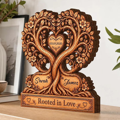 Rooted In Love Heart Tree Personalized Couple Wooden Block - Custom Anniversary Gift