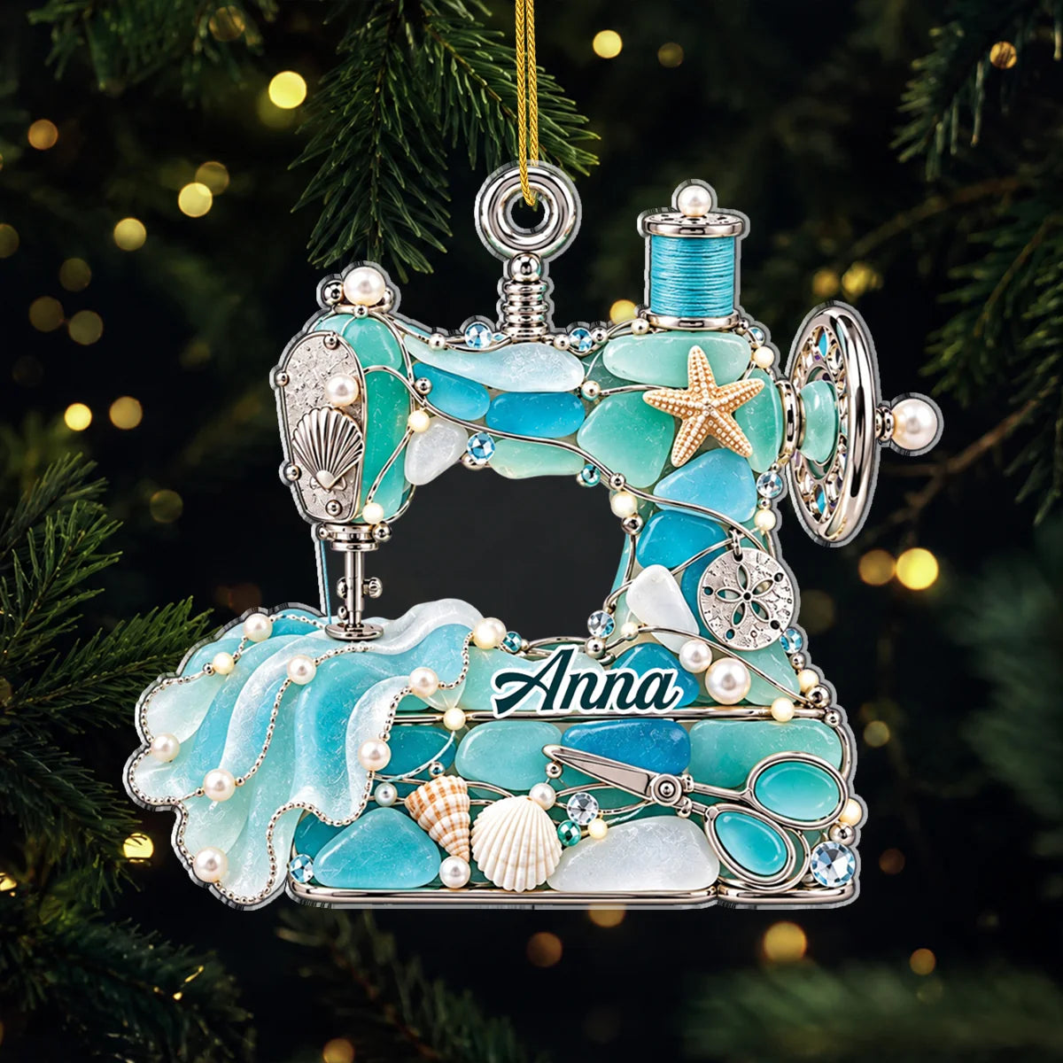 Sea Glass Sewing Machine Personalized Acrylic Ornament - Christmas Keepsake Gift for Quilters