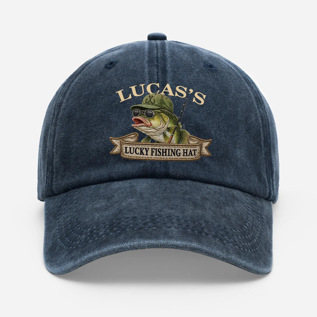 Personalized fishing hat with custom name and lucky bass fish design for dad or grandpa