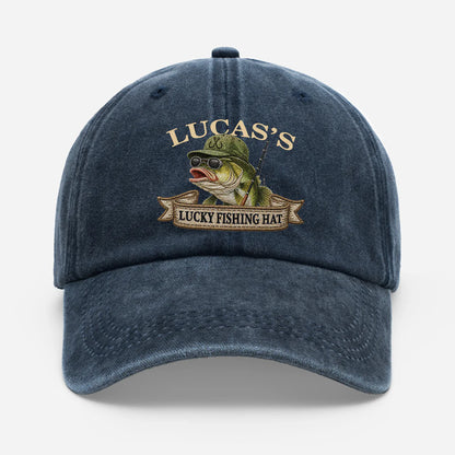 Personalized fishing hat with custom name and lucky bass fish design for dad or grandpa