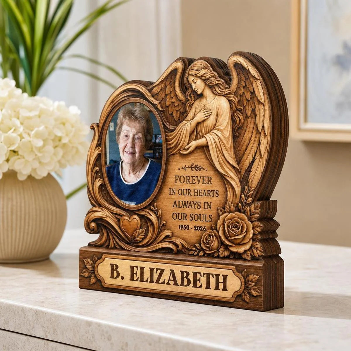Forever In Our Hearts Personalized Memorial Wooden Block - Custom Angel Photo Gift for Family