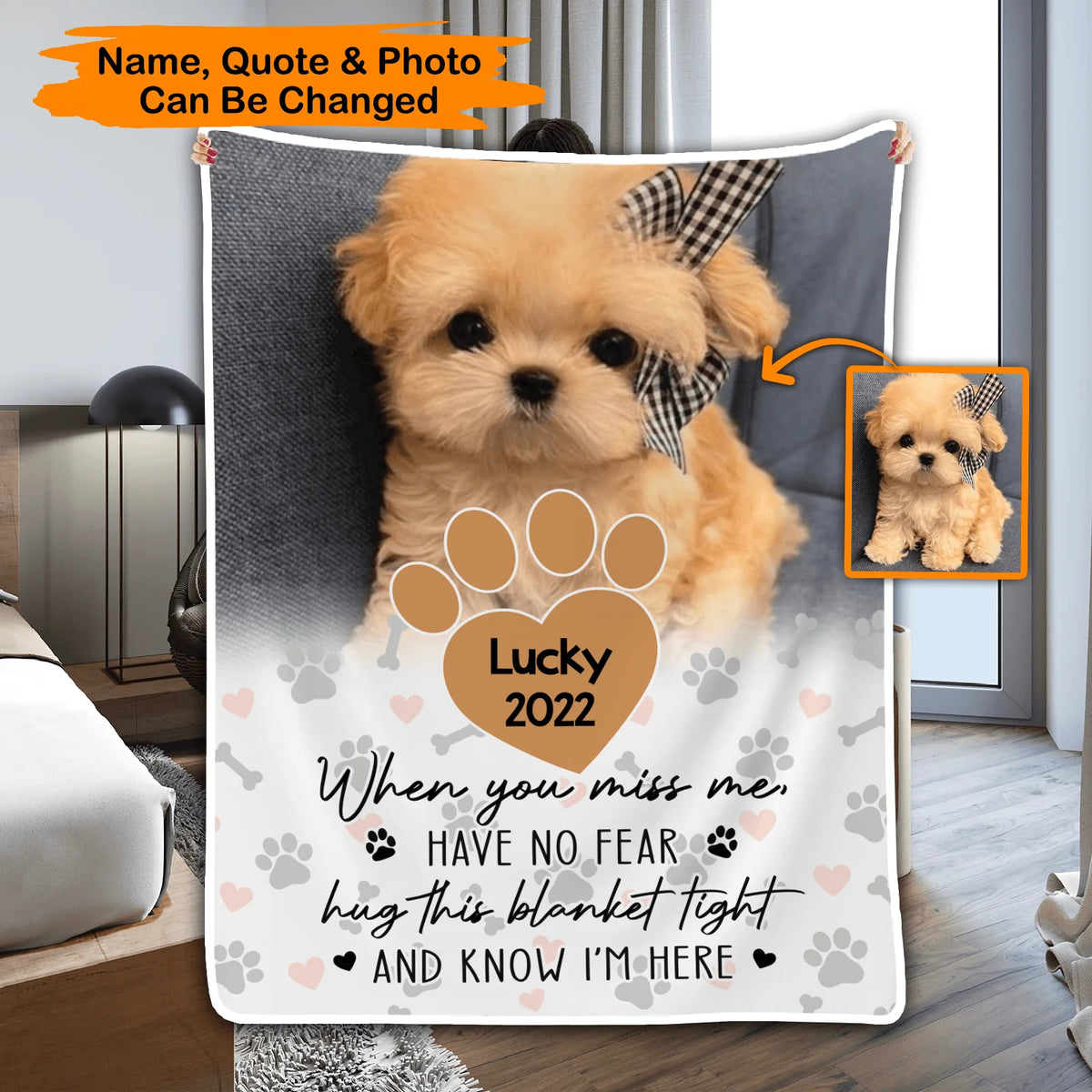 Custom Photo Memorial Pet When You Miss Me, Hug This Blanket fleece blanket, product with name options