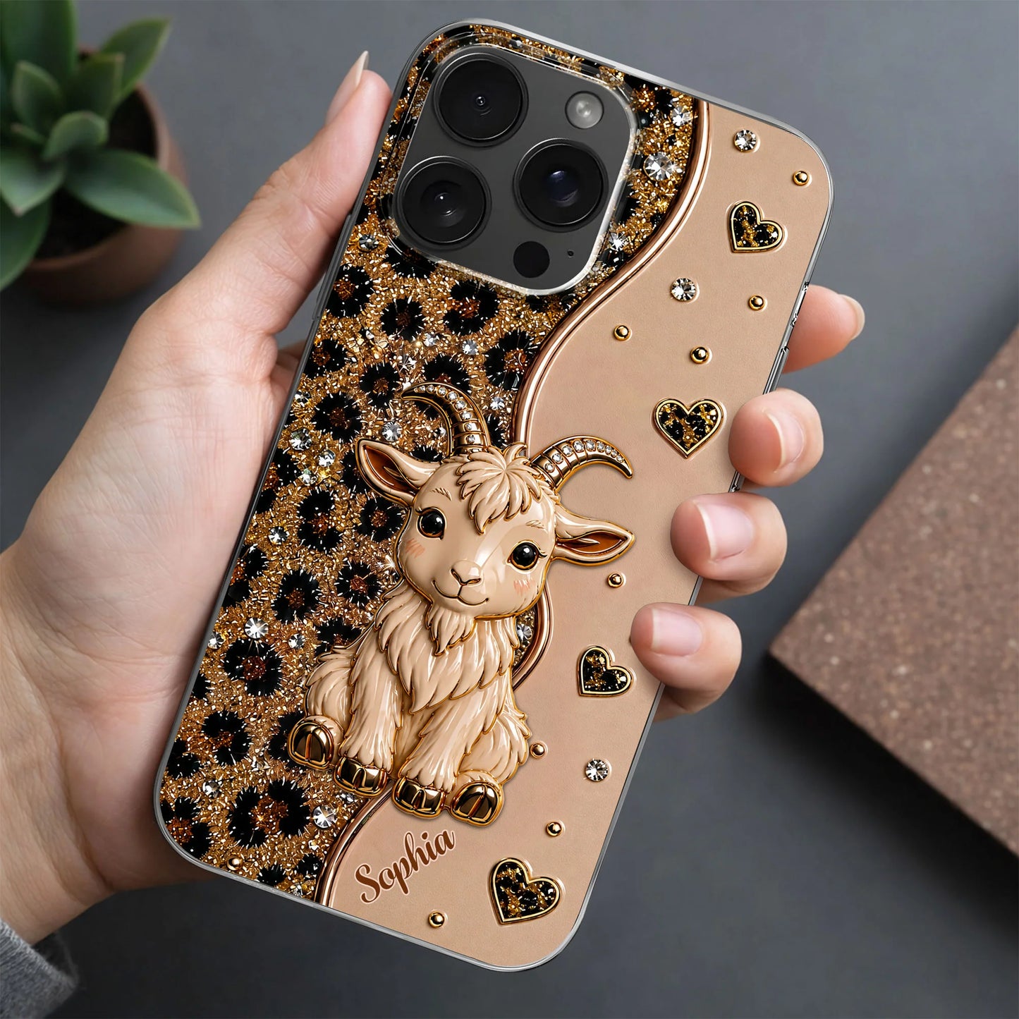 Personalized clear goat phone case with glitter leopard print and custom name for iPhone and Samsung image 8