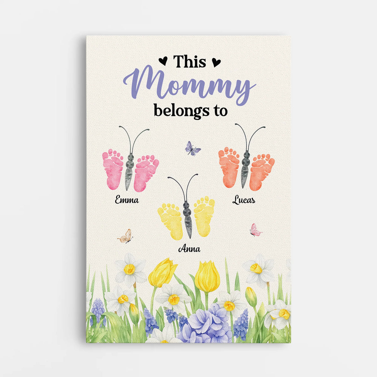 "This Mommy Belongs to" Personalized Butterfly Footprints Canvas / Poster - Custom Gift for Mom or Grandma