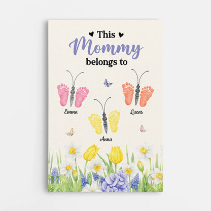 "This Mommy Belongs to" Personalized Butterfly Footprints Canvas / Poster - Custom Gift for Mom or Grandma