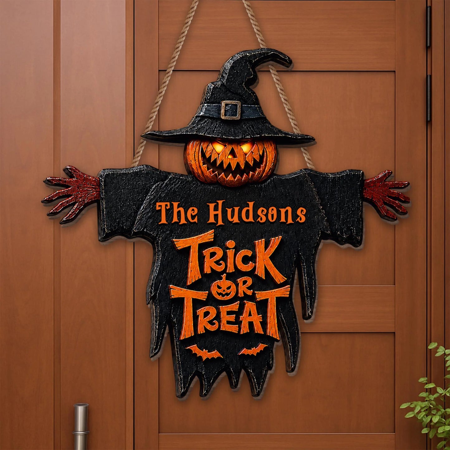 Trick Or Treat Pumpkin Scarecrow Personalized Halloween Wood Sign - Custom Family Front Porch Decor