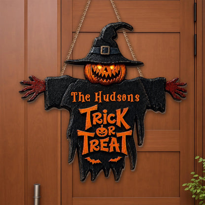 Trick Or Treat Pumpkin Scarecrow Personalized Halloween Wood Sign - Custom Family Front Porch Decor