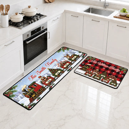 Family Christmas Train Personalized Runner Rug - Custom Holiday Kitchen Floor Mat