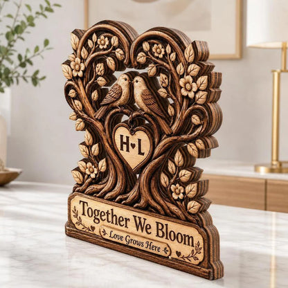 "Together We Bloom Love Grows Here" Personalized Wooden Block - Custom Couple Initials Gift