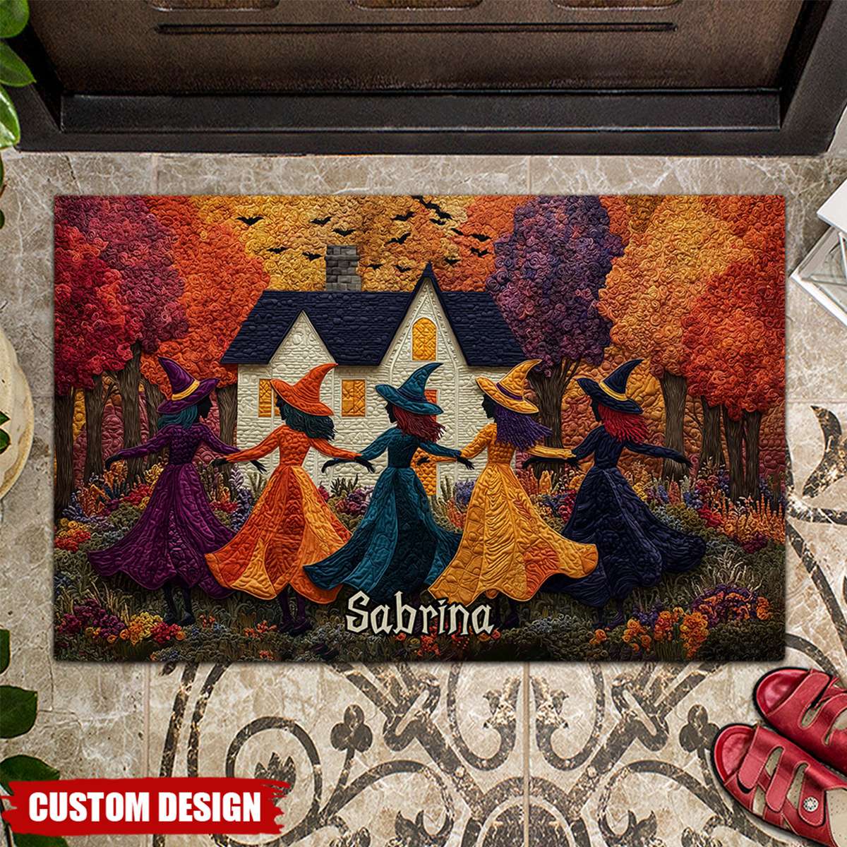 Dancing Witches Personalized Doormat - Custom Fall & Halloween Front Porch Welcome Mat