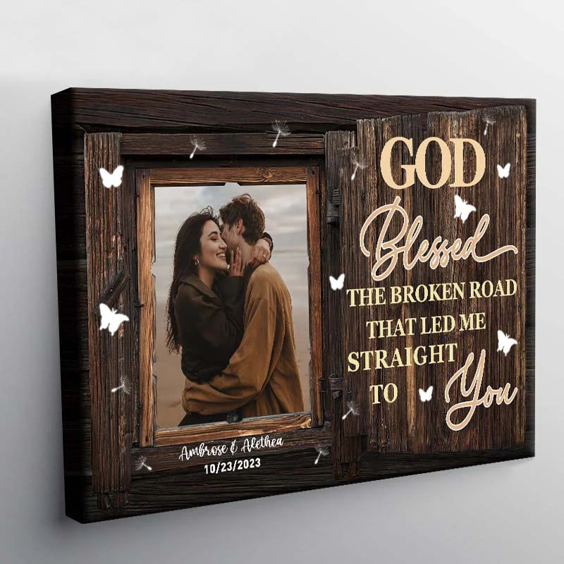Custom wedding canvas print with couple photo and God Blessed the Broken Road text for anniversary wall art decor image 6