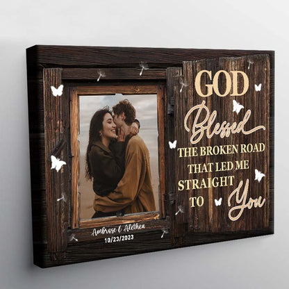 Custom wedding canvas print with couple photo and God Blessed the Broken Road text for anniversary wall art decor image 6