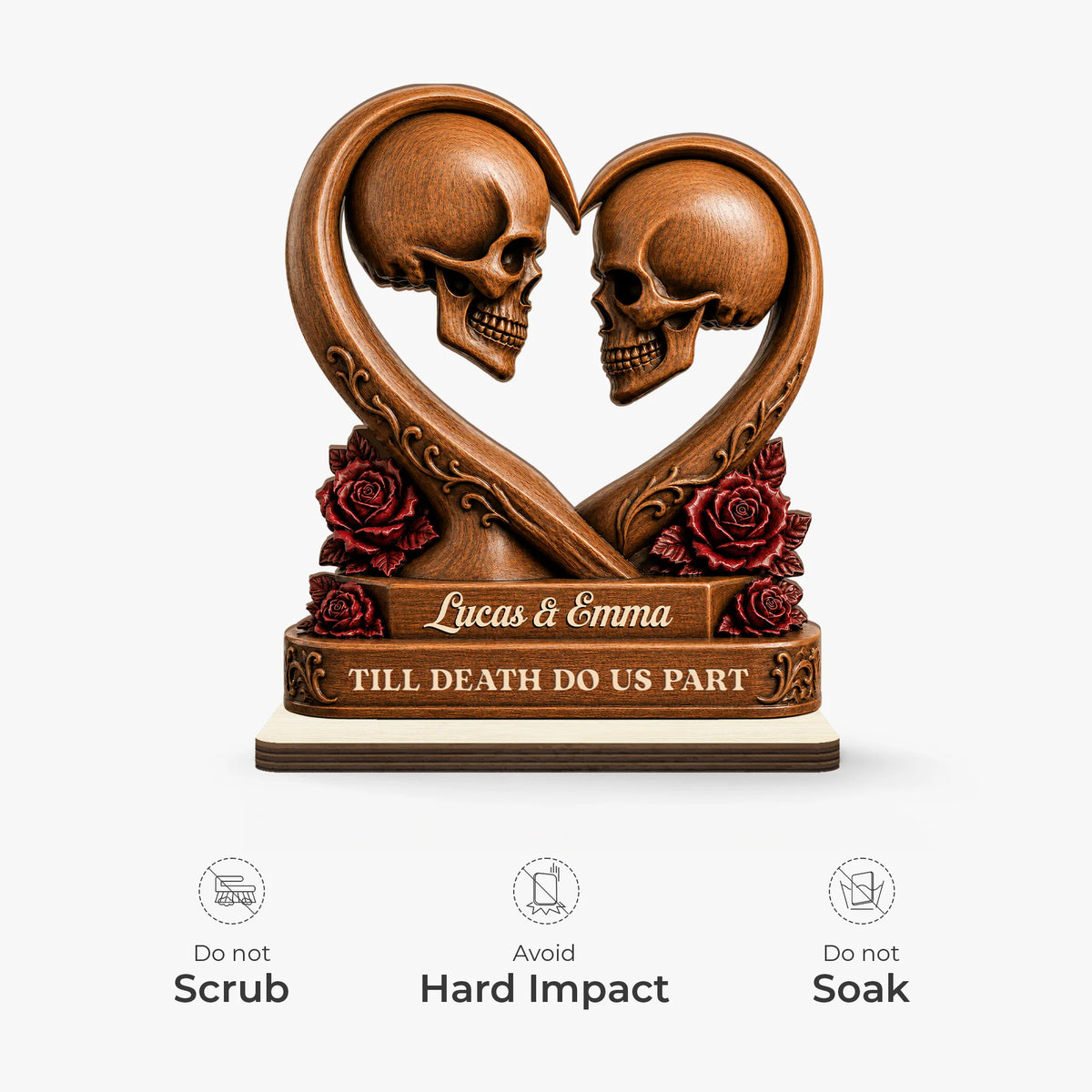 Till Death Do Us Part Skull Heart Wooden Plaque - Personalized Couples Gift for Anniversary