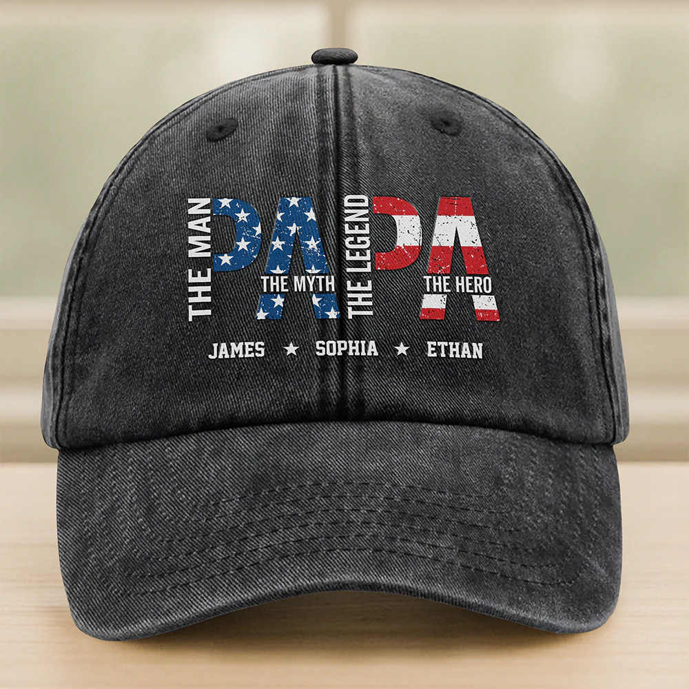 Custom Papa The Man The Myth Legend Baseball Cap for Dad with personalized design details for meaningful gifting