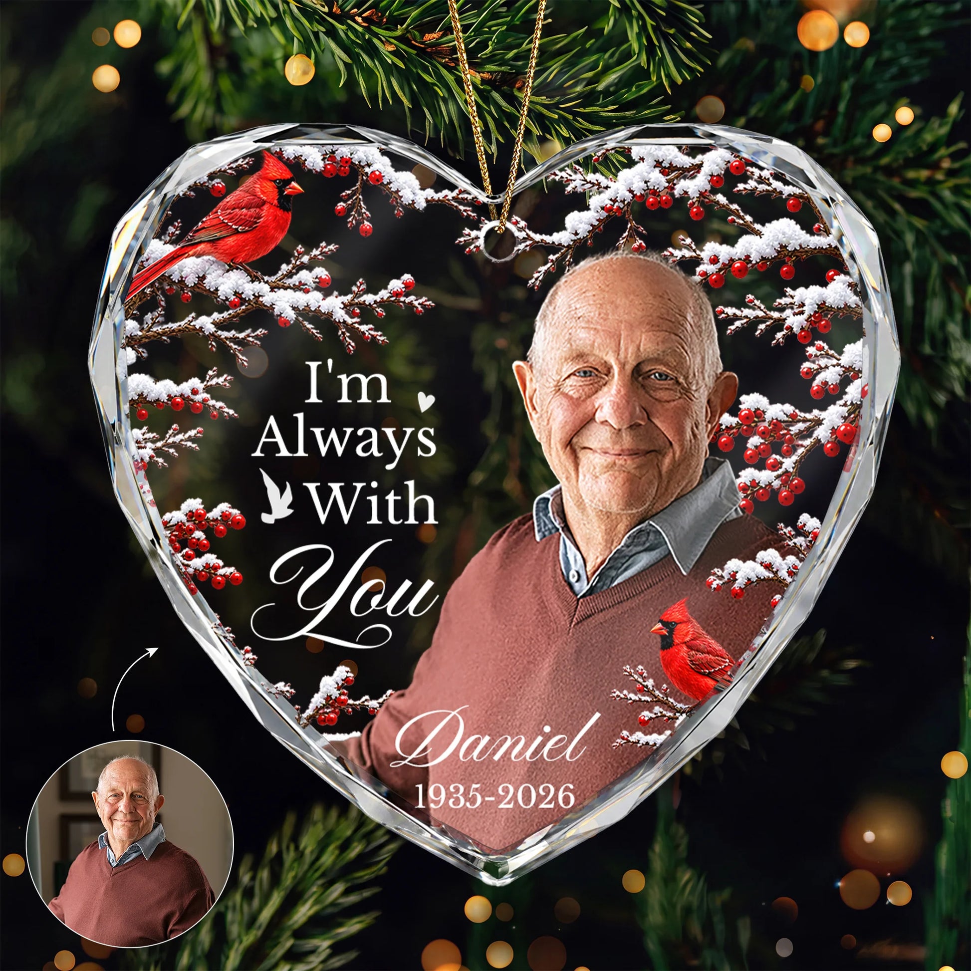"I'm Always With You" Personalized Photo Glass Ornament - Custom Memorial Keepsake for Family