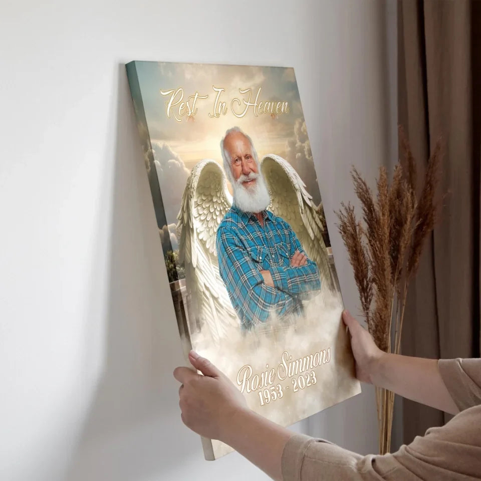 "Rest in Heaven" Personalized Angel Wings Memorial Photo Canvas / Poster – A Loving Tribute for Family
