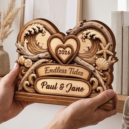 Endless Tides Personalized Wooden Block - Custom Ocean Waves Couple Keepsake Anniversary Gift for Wife Husband