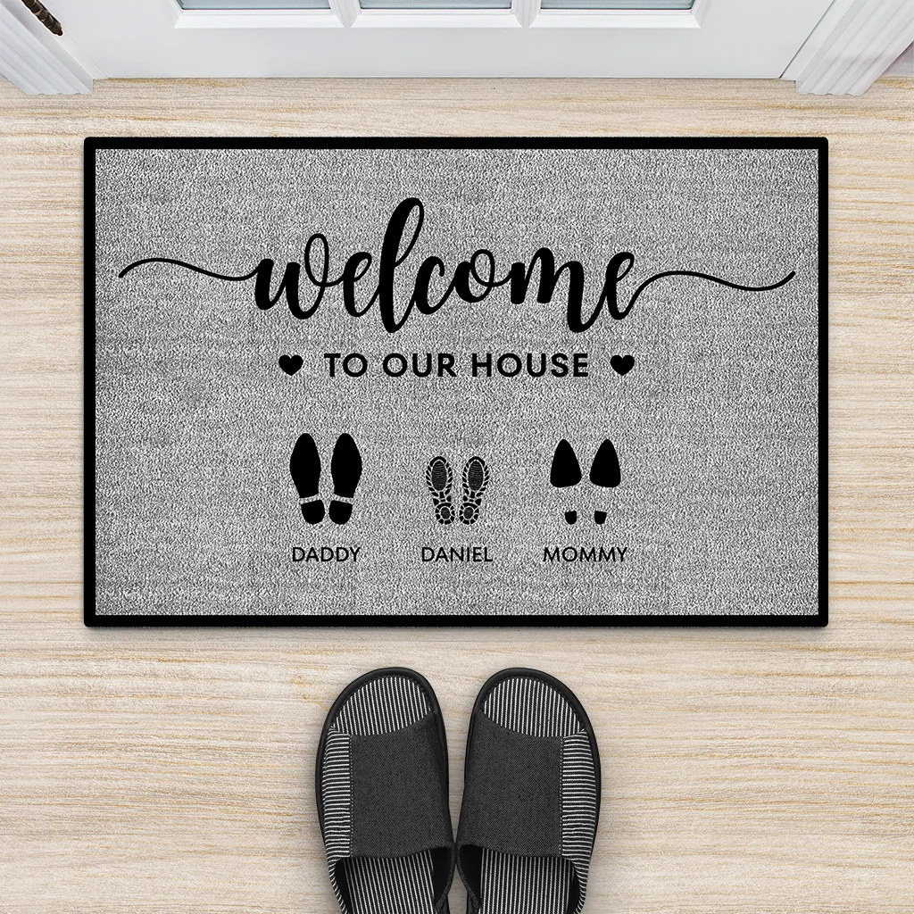 Welcome to Our House Custom Family Doormat - Personalized Shoes and Paw Print Mat