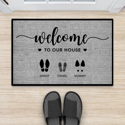 Welcome to Our House Custom Family Doormat - Personalized Shoes and Paw Print Mat
