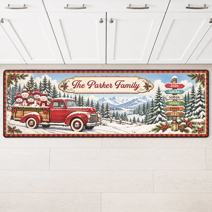 Red Christmas Truck Personalized Runner Rug - Custom Family Name Holiday Kitchen Mat