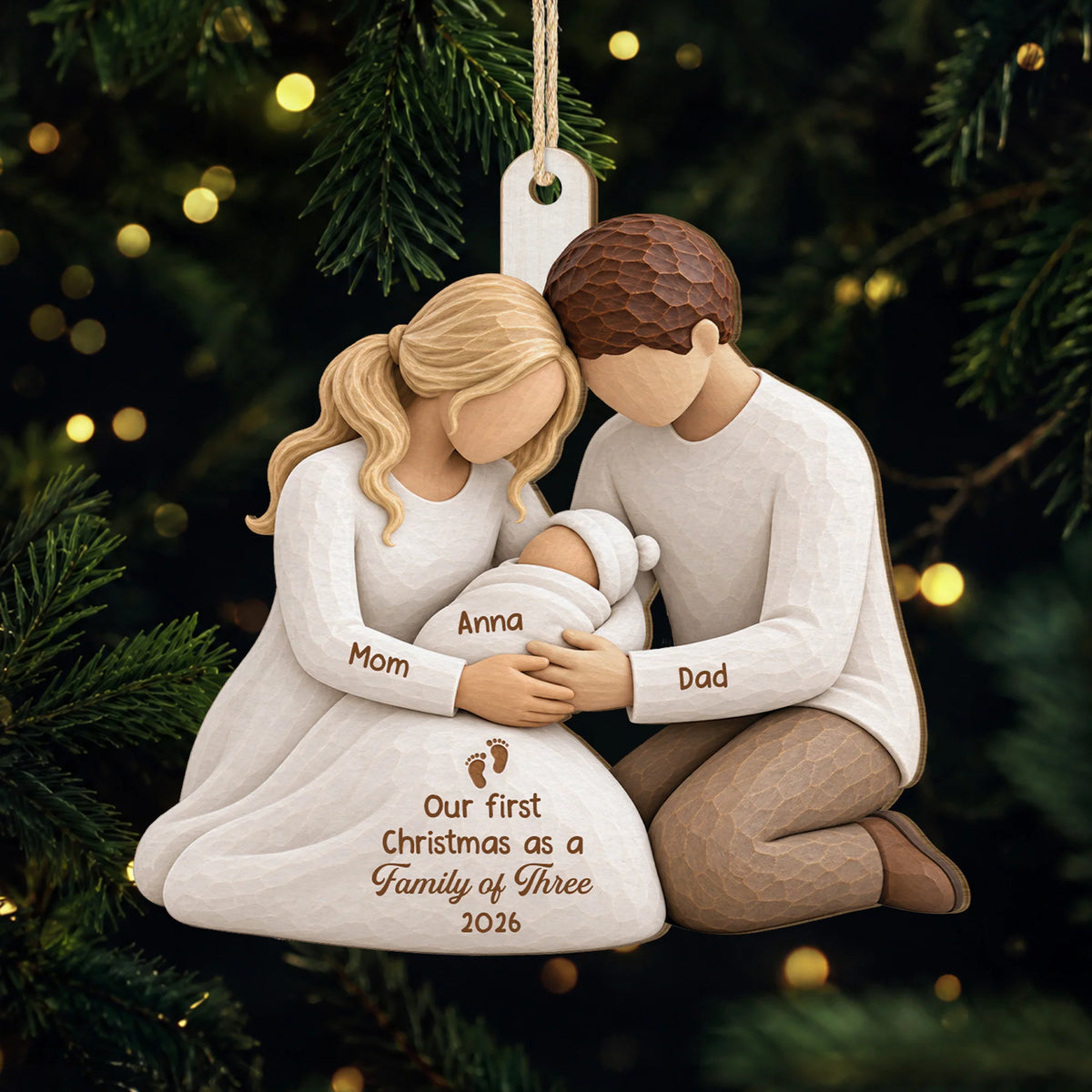 Our First Christmas as a Family of Three - Personalized Wooden Ornament for New Parents
