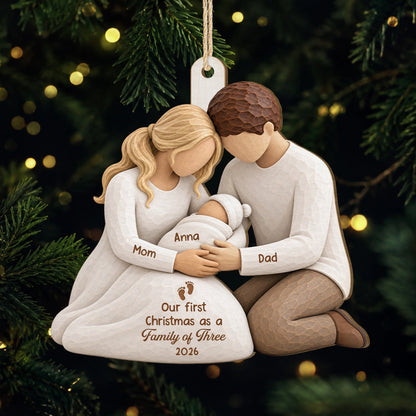 Our First Christmas as a Family of Three - Personalized Wooden Ornament for New Parents