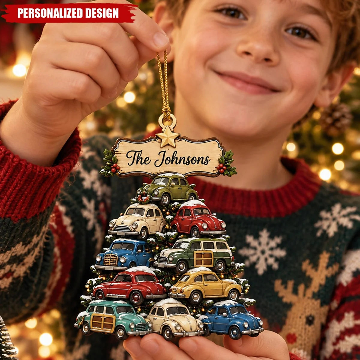 Vintage Car Tree Personalized Wooden Ornament - Retro Christmas Keepsake for Family