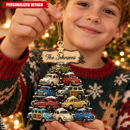 Vintage Car Tree Personalized Wooden Ornament - Retro Christmas Keepsake for Family