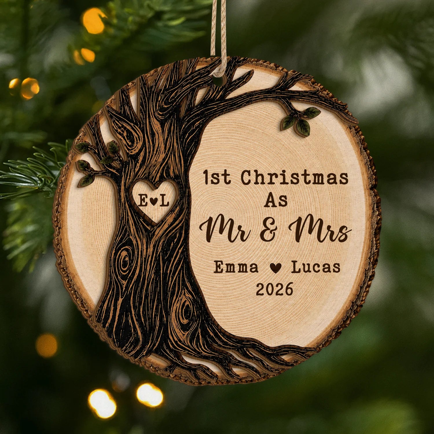 "1st Christmas As Mr & Mrs" Personalized 2-Layer Wooden Ornament - Custom Wedding Keepsake for Couples