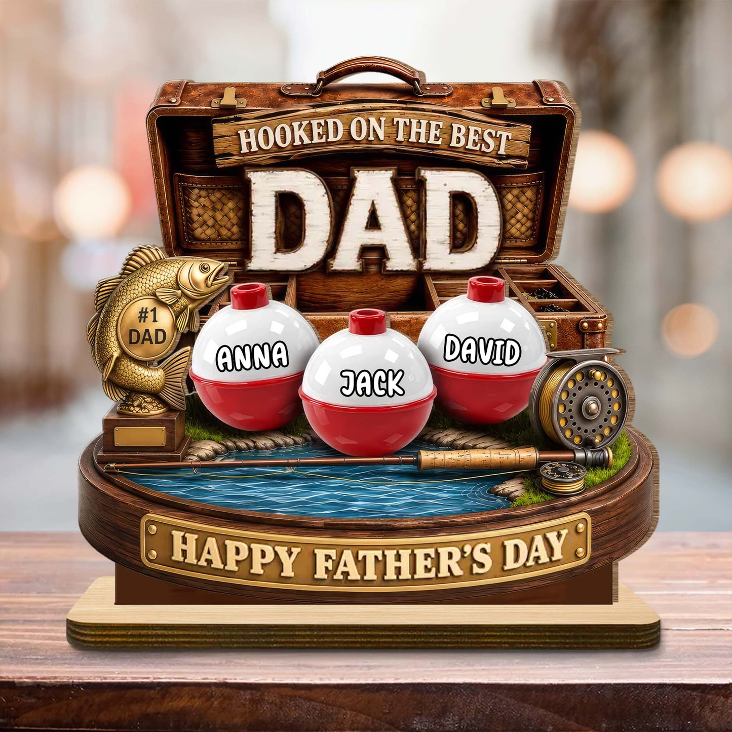 Personalized fishing dad wood plaque desk decor featuring custom kid name bobbers and tackle box design for Father's Day image 6