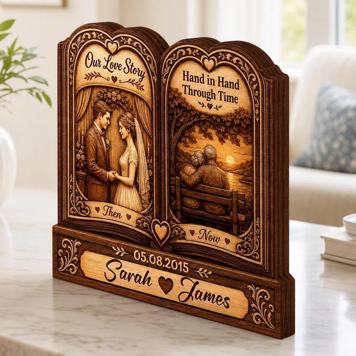 Our Love Story Personalized Wooden Block - Hand in Hand Custom Couple Anniversary Gift for Wife Husband