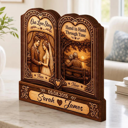 Our Love Story Personalized Wooden Block - Hand in Hand Custom Couple Anniversary Gift for Wife Husband