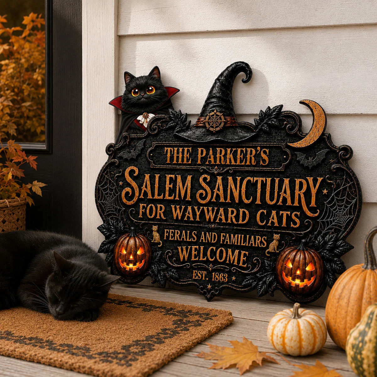 Salem Sanctuary For Wayward Cats Personalized Wood Sign - Custom Halloween Cat Lover Gift Decor