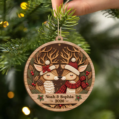 Kissing Reindeer Personalized Christmas Wood Ornament - Custom Couples 2-Layer Keepsake Gift