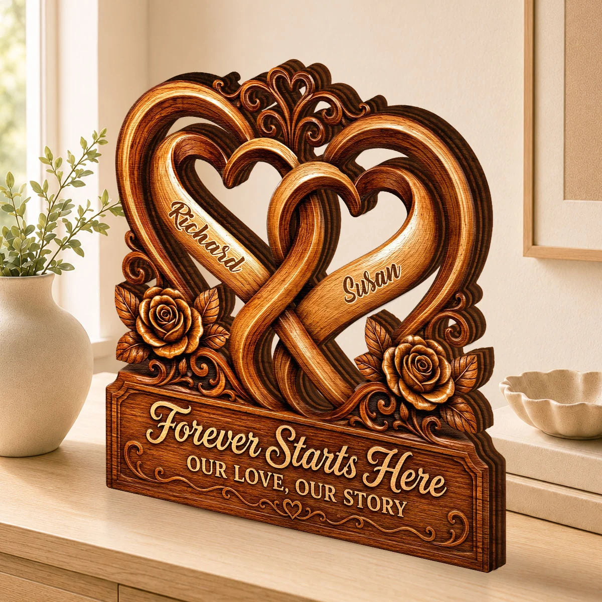 "Forever Starts Here" Personalized Interlocking Hearts Wooden Block - Anniversary Gift for Couples