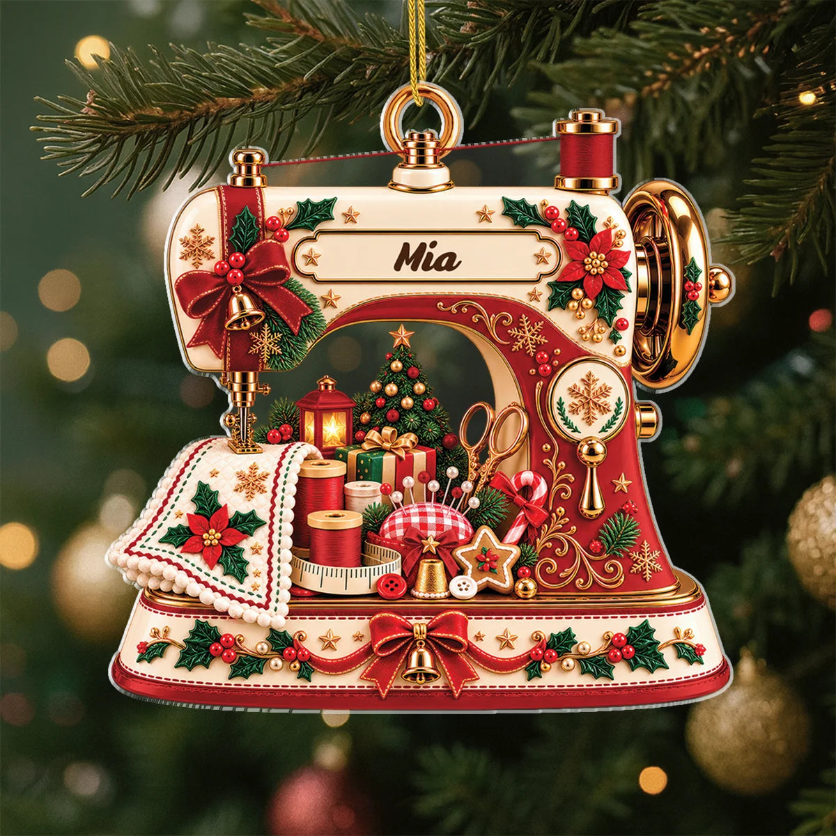 Vintage Crafter Personalized Sewing Machine Acrylic Ornament - Holiday Tree Keepsake for Mom & Grandma