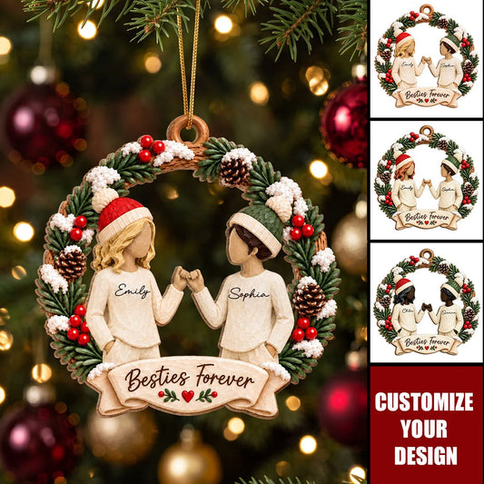 Besties Forever Pinky Promise Personalized Wooden Ornament - Christmas Gift for Best Friends
