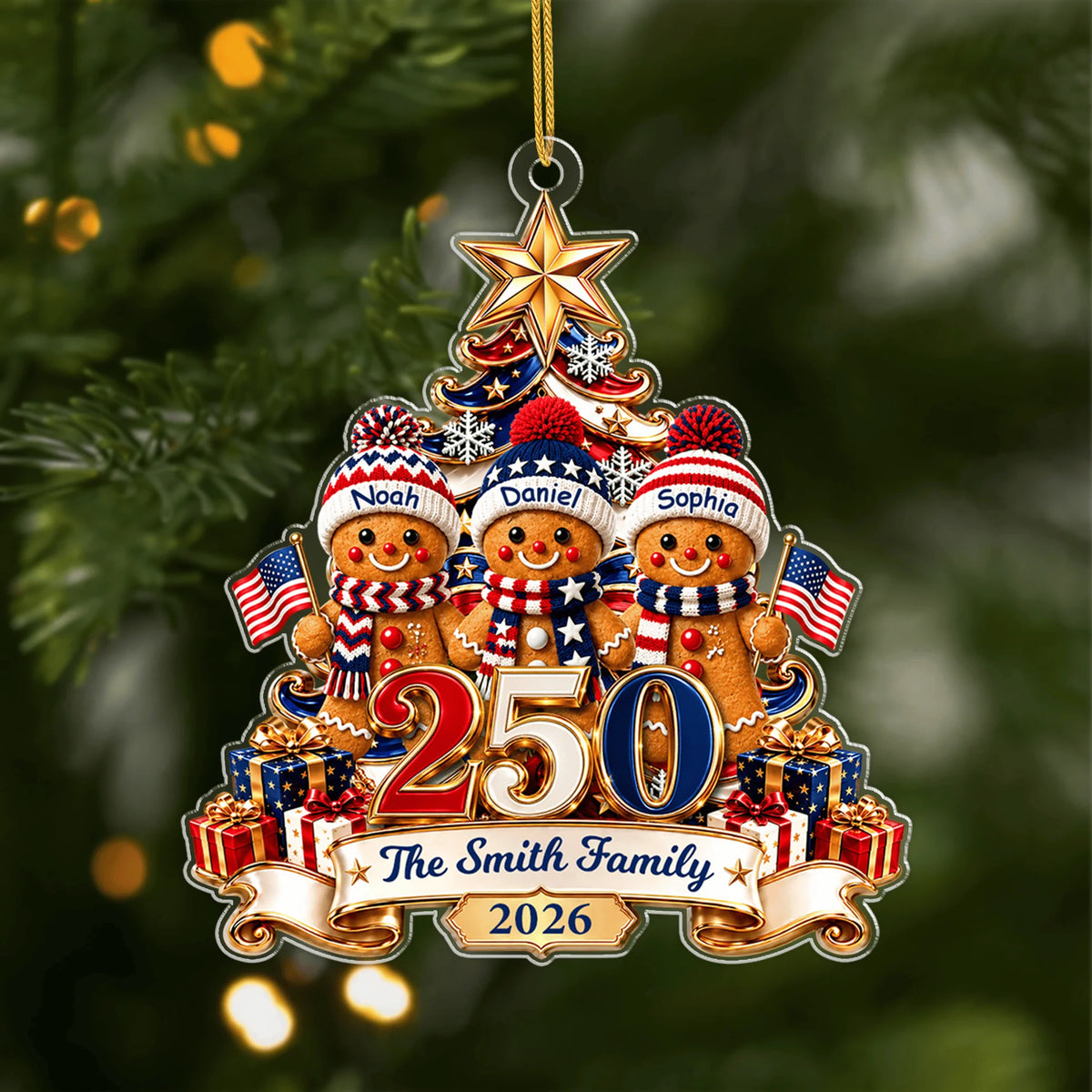USA 250th Anniversary Personalized Gingerbread Family Acrylic Ornament - Custom Keepsake Christmas Gift