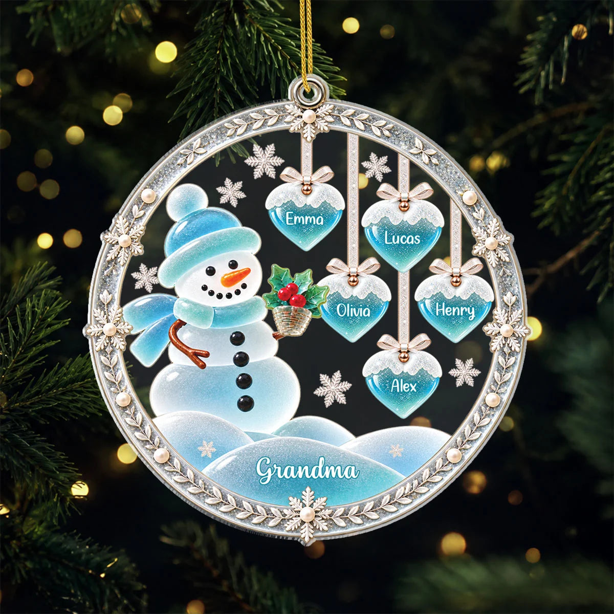 Snowman Family Personalized Acrylic Ornament - Grandma Mom Custom Christmas Gift