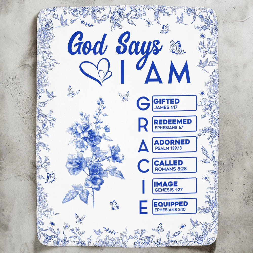 God Says I Am Personalized Blanket - Custom Name Bible Verse Toile Christian Gift