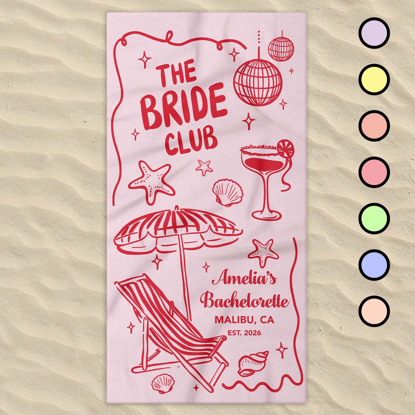 Personalized Bachelorette Beach Towel personalization view for Bridesmaids / Groomsmen