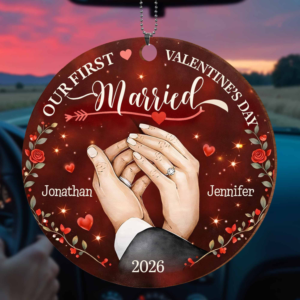 Our First Valentine's Day Married - Personalized Wood Ornament for Couples Keepsake
