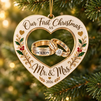 Our First Christmas As Mr. & Mrs. - Personalized Couple Wooden Heart Ornament Gift
