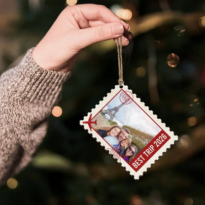 Vintage Postage Stamp Custom Photo Wood Ornament - Personalized Family Vacation Keepsake Gift for Christmas Tree
