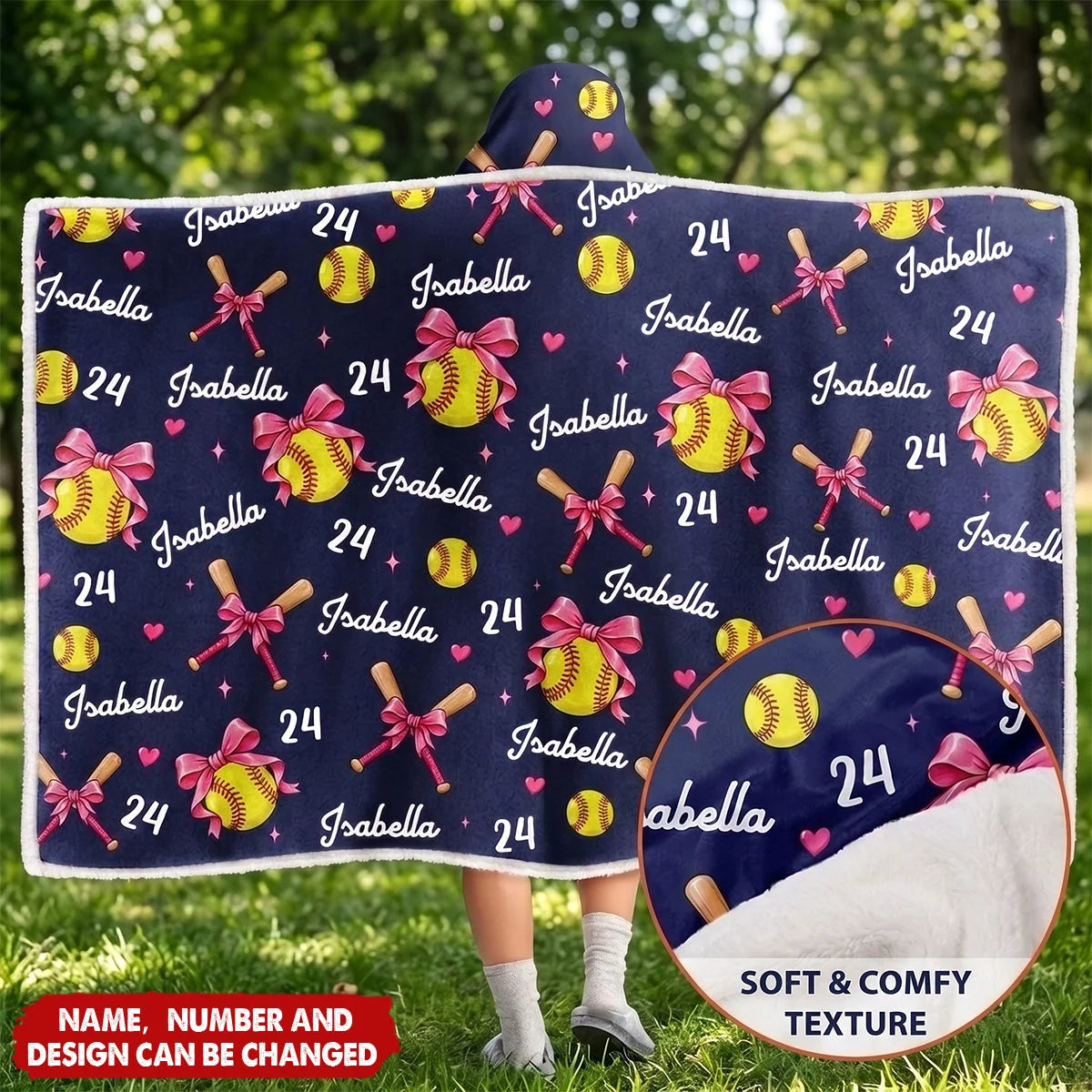 Personalized Softball Player Wearable Hooded Blanket - Custom Name Number Coquette Bow Gift for Girls